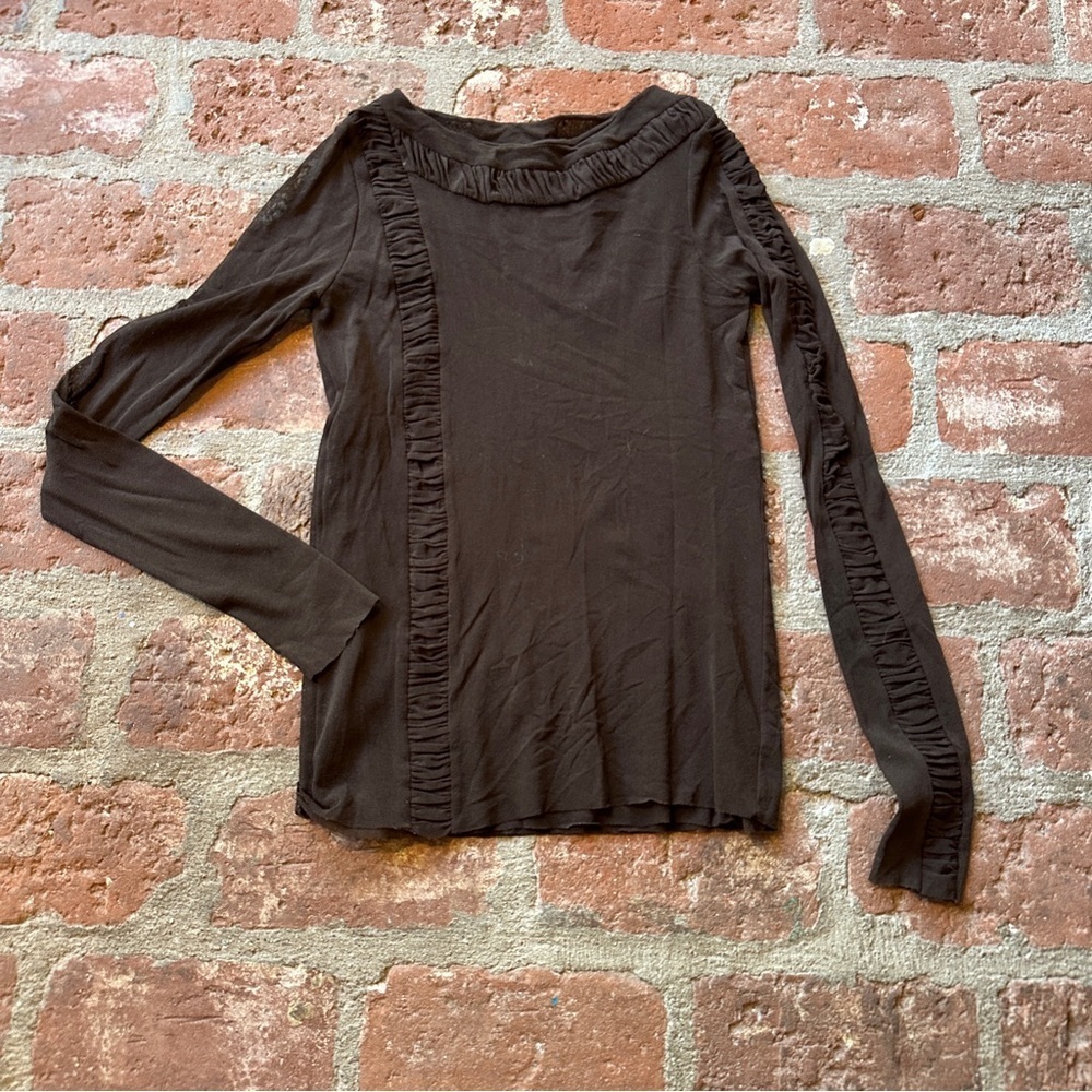 Elegant Brown Ruffle Trim Top Ruching Transparent Sheer Long Sleeve Size  XS/S